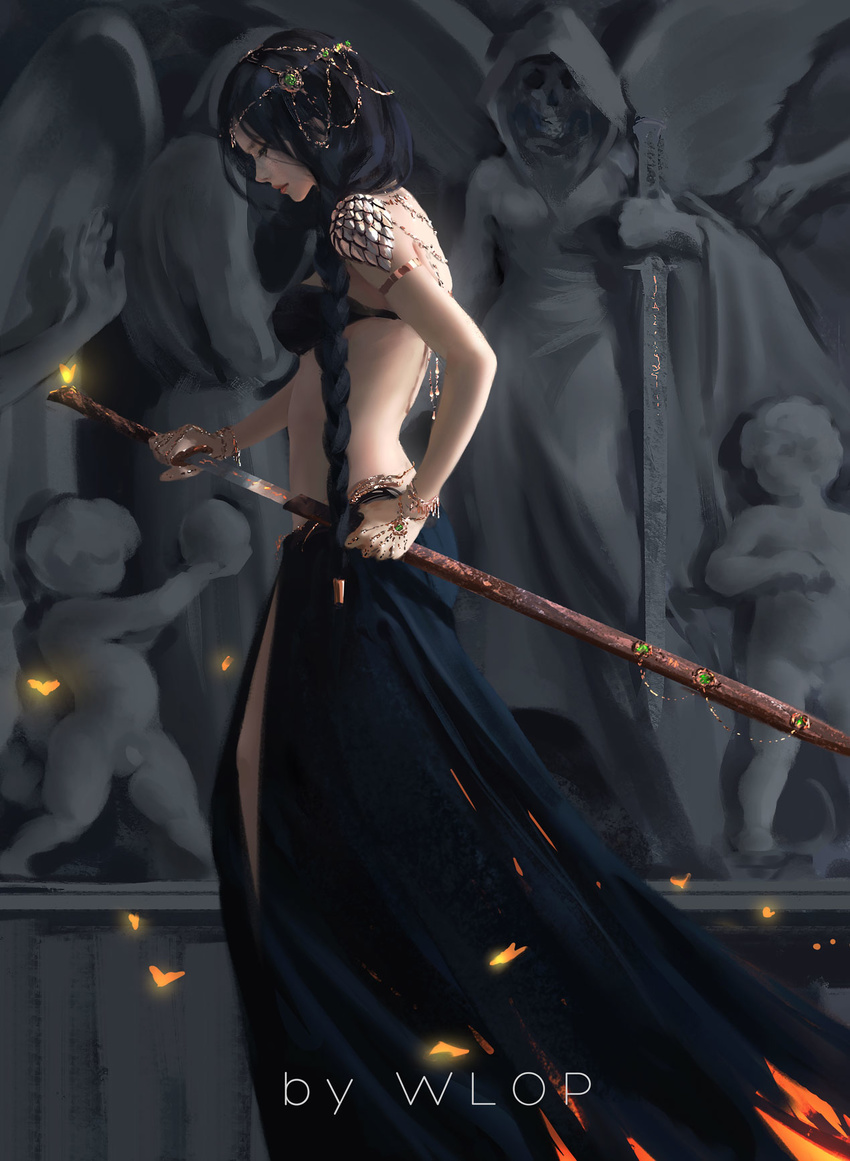 armlet artist_name black-haired_girl_(wlop) black_bra black_dress black_hair bra braid closed_mouth dress fighting_stance fire flame from_side gem hair_over_shoulder highres holding holding_sheath holding_sword holding_weapon jewelry lips long_hair looking_down profile sheath single_braid solo sparks standing statue sword underwear unsheathing very_long_hair walking weapon wlop