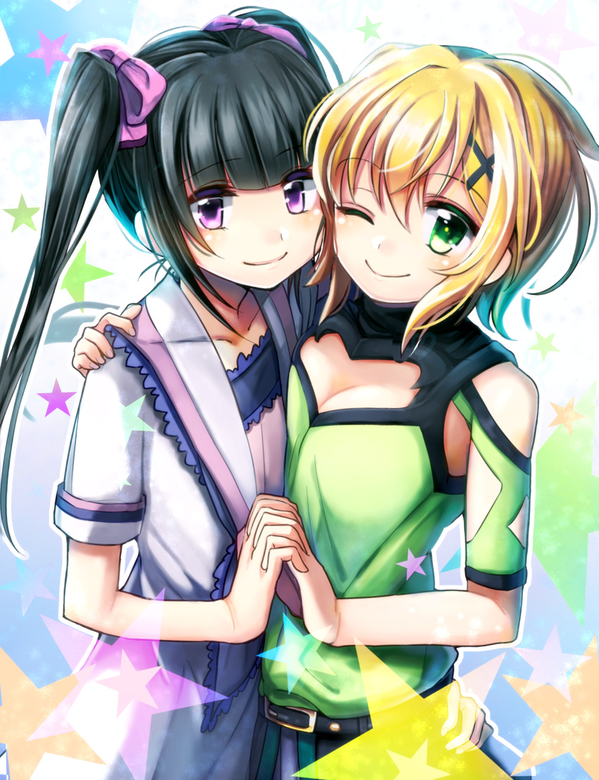 ;) akatsuki_kirika belt black_hair blonde_hair blush breasts cleavage cleavage_cutout closed_mouth commentary_request dress eyebrows_visible_through_hair face-to-face green_eyes hair_between_eyes hair_ornament hair_ribbon hand_on_another's_hip hand_on_another's_shoulder highres holding_hands hug hukin_ame interlocked_fingers long_hair looking_at_viewer medium_breasts multiple_girls one_eye_closed purple_eyes ribbon senki_zesshou_symphogear short_hair short_sleeves shoulder_cutout skirt smile tsukuyomi_shirabe twintails x_hair_ornament yuri
