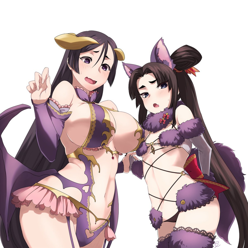 animal_ears bat_wings bikini black_hair breasts commentary_request cosplay dangerous_beast demon_horns detached_sleeves fate/grand_order fate_(series) fur_trim halloween_costume halloween_princess_(fate/grand_order) highres horns irisviel_von_einzbern irisviel_von_einzbern_(cosplay) large_breasts long_hair mash_kyrielight mash_kyrielight_(cosplay) minamoto_no_raikou_(fate/grand_order) multiple_girls shimomoto side_ponytail swimsuit thighhighs ushiwakamaru_(fate/grand_order) wings wolf_ears