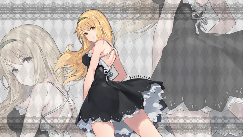 argyle argyle_background bangs banned_artist bare_shoulders black_dress blonde_hair breasts closed_mouth cowboy_shot dille_blood dlsite.com dress eyebrows_visible_through_hair floating_hair hairband highres legs_apart long_hair looking_at_viewer looking_back medium_breasts paseri solo tareme thighs wallpaper zoom_layer