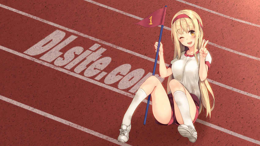 ;d bangs banned_artist blonde_hair blush breasts brown_eyes collarbone dille_blood dlsite.com eyebrows_visible_through_hair flag gym_shorts gym_uniform hands_up headband highres holding holding_flag kneehighs large_breasts long_hair looking_at_viewer one_eye_closed open_mouth paseri shirt shoes short_sleeves shorts sidelocks sitting smile sneakers solo t-shirt tareme thighs track v very_long_hair wallpaper white_footwear white_legwear white_shirt