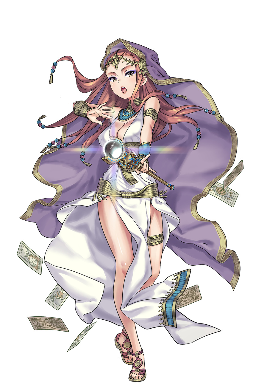 :o beads black_nails bracer breasts brown_hair cleavage cleopatra_the_8th eyeshadow full_body grey_eyes hair_beads hair_ornament hand_up highres holding holding_staff jewelry leglet long_hair looking_at_viewer makeup medium_breasts nail_polish neck_ring official_art princess_principal princess_principal_game_of_mission sandals solo staff tarot transparent_background