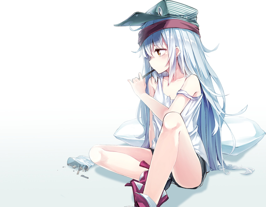 bangs black_shorts blush brown_eyes closed_mouth commentary darnell eyebrows_visible_through_hair flat_cap food g11_(girls_frontline) girls_frontline gradient hair_between_eyes hat high_tops holding long_hair pocky purple_footwear shadow shoes shorts silver_hair sitting sneakers solo strap_slip tank_top tareme very_long_hair white_hair