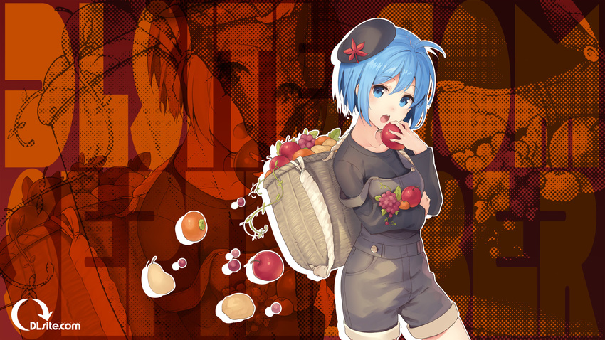 :o ahoge apple bangs banned_artist basket beret black_shirt blue_eyes blue_hair collarbone cowboy_shot dlsite.com elle_sweet eyebrows_visible_through_hair food fruit grapes hair_between_eyes halftone hat highres holding holding_food holding_fruit leaf long_sleeves looking_at_viewer mandarin_orange maple_leaf open_mouth overalls paseri pear shirt sidelocks solo squash teeth wallpaper watermark web_address zoom_layer