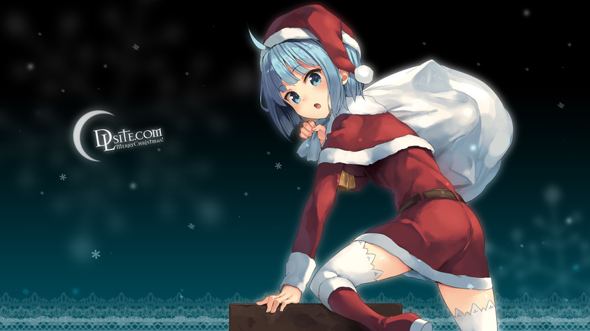 :o ahoge bangs banned_artist belt blue_eyes blue_hair blurry blush boots capelet chimney christmas depth_of_field dlsite.com dress elle_sweet eyebrows_visible_through_hair from_side fur_trim highres holding knee_boots long_sleeves looking_at_viewer looking_back merry_christmas open_mouth paseri red_capelet red_dress red_footwear sack santa_costume short_dress short_hair sidelocks snow snowflakes solo thighhighs wallpaper watermark web_address white_legwear
