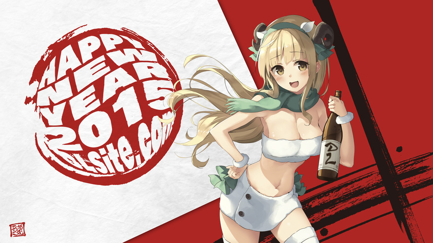 2015 :d bandeau bangs banned_artist blonde_hair blunt_bangs bottle breasts chinese_zodiac cleavage dille_blood dlsite.com eyebrows_visible_through_hair floating_hair fringe_trim green_scarf hairband hand_on_hip happy_new_year highres holding holding_bottle horns large_breasts long_hair looking_at_viewer midriff navel new_year open_mouth paseri sake_bottle scarf sidelocks skirt smile solo thighs wallpaper white_skirt year_of_the_goat
