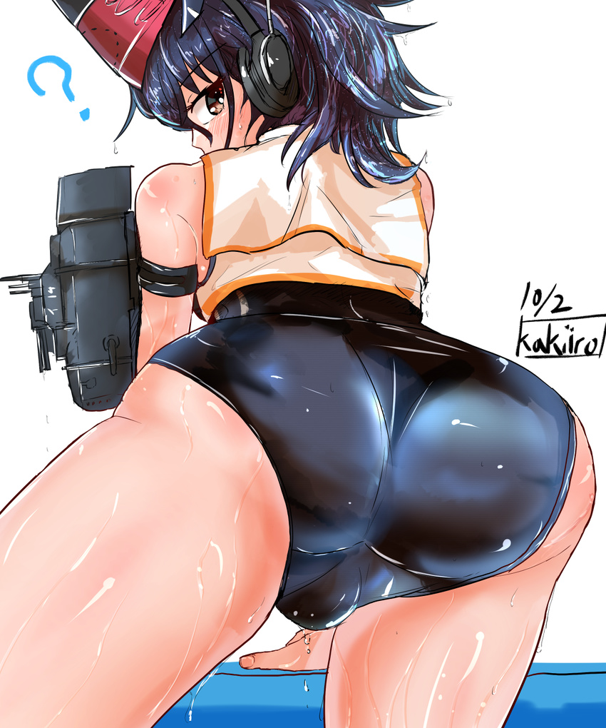 1boy ? ass bare_shoulders blue_hair blush brown_eyes bulge from_behind hat huge_ass i-14_(kantai_collection) kakiiro_(takuya) kantai_collection leaning leaning_forward long_hair looking_back one-piece_swimsuit school_swimsuit shiny shiny_clothes shiny_hair shiny_skin solo swimsuit trap twintails