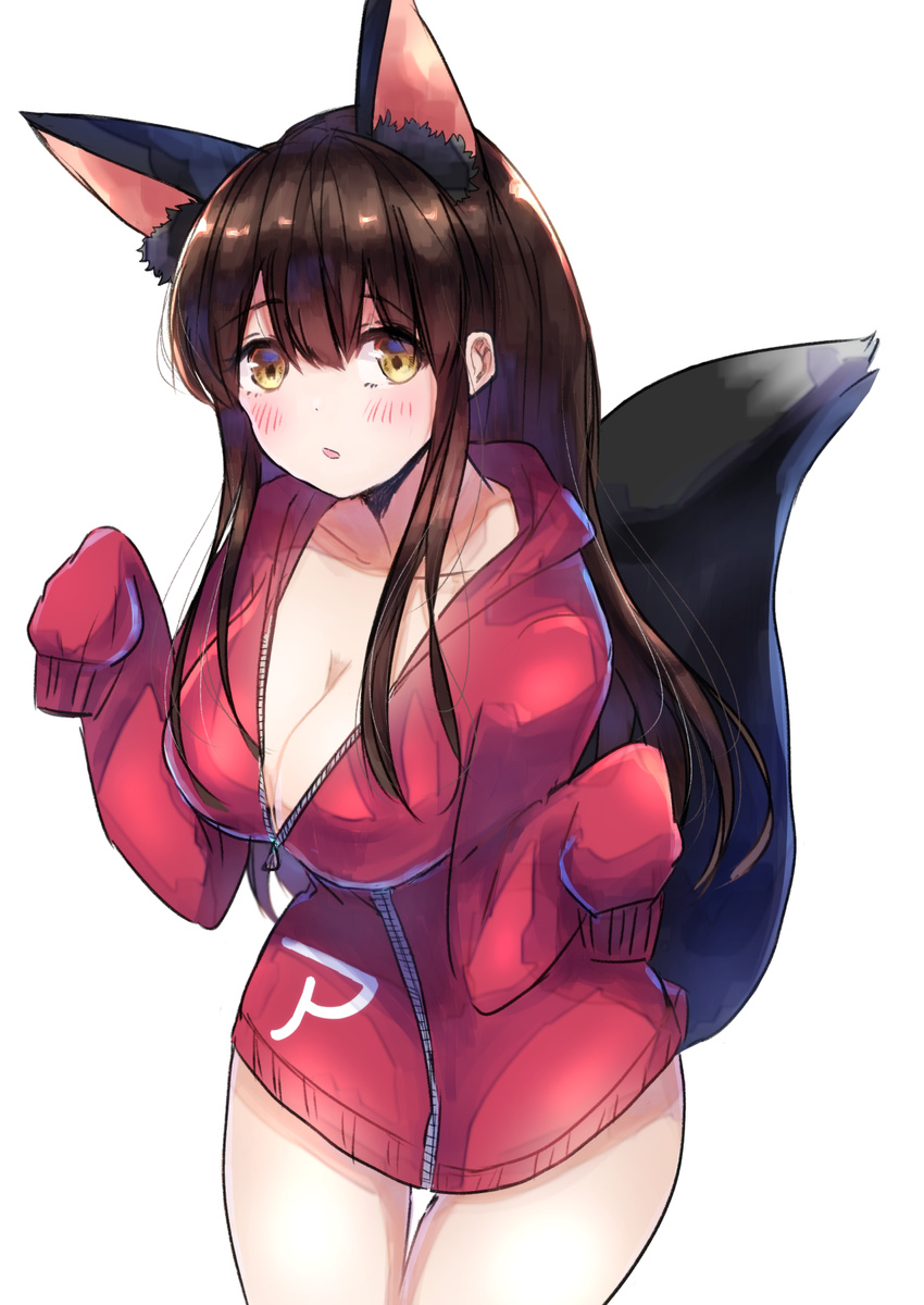 :o akagi_(kantai_collection) alternate_costume animal_ears bangs blush breasts brown_hair cleavage collarbone commentary cowboy_shot eyebrows_visible_through_hair fox_ears fox_tail highres jacket kantai_collection large_breasts leaning_forward long_hair long_sleeves mochiko_(mocchikkoo) open_mouth partially_unzipped red_jacket sidelocks simple_background sketch sleeves_past_wrists solo standing straight_hair tail tareme thigh_gap thighs w_arms white_background yellow_eyes zipper