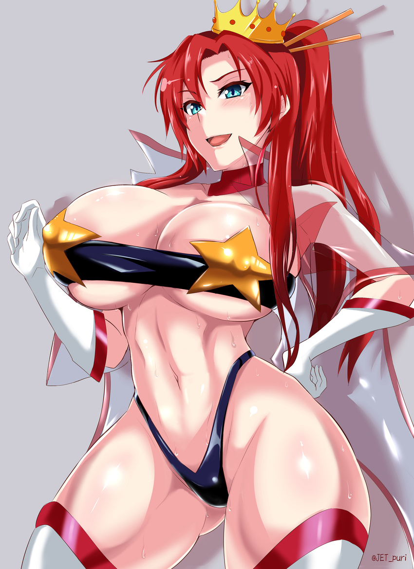 absurdres ass_visible_through_thighs boudica_(fate/grand_order) breasts cape cleavage cosplay crown curvy fate/grand_order fate_(series) gloves grey_background hair_ornament hair_stick hand_on_hip highleg highleg_panties highres huge_breasts jet_(pw3234) large_breasts long_hair navel panties ponytail red_hair simple_background smile solo space_yoko tengen_toppa_gurren_lagann thick_thighs thighs toned twitter_username underwear white_gloves white_legwear wide_hips yoko_littner yoko_littner_(cosplay)