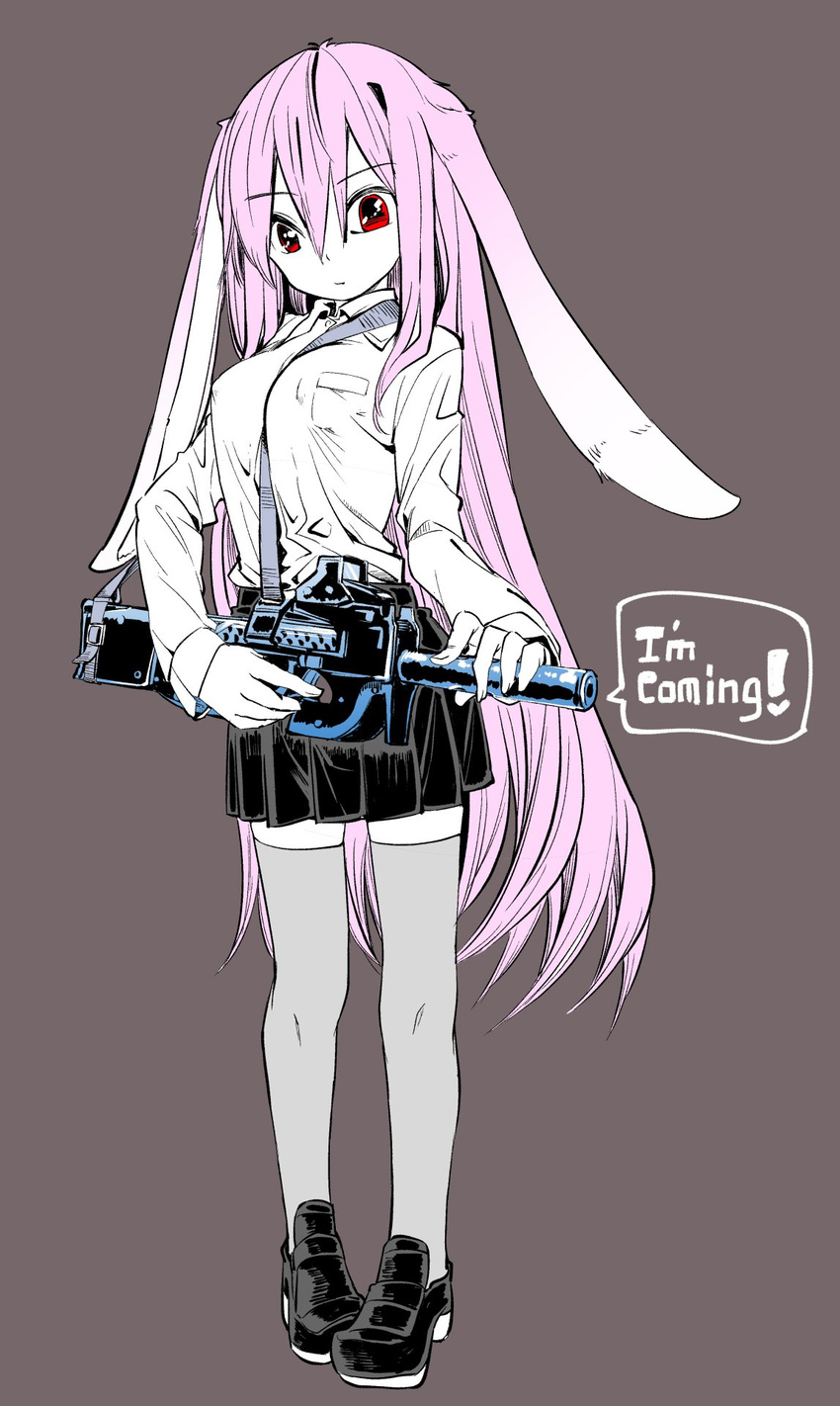 aioi_aoi animal_ears between_breasts black_footwear black_skirt breasts bullpup bunny_ears commentary covered_nipples flat_color full_body gun hair_between_eyes highres holding holding_gun holding_weapon large_breasts long_hair long_sleeves looking_at_viewer miniskirt p90 pigeon-toed pleated_skirt purple_hair red_eyes reisen_udongein_inaba shirt shoes simple_background skirt solo standing submachine_gun thighhighs touhou very_long_hair weapon white_shirt zettai_ryouiki