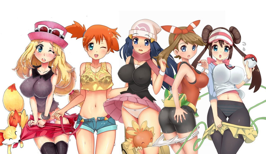 5girls animal_ears ass assisted_exposure bag bare_shoulders beak beanie bike_shorts biting black_bra black_legwear black_shirt blonde_hair blue_eyes blue_hair blue_panties blue_shorts blush bow bow_panties bra bracelet breasts brown_hair cleavage collarbone crop_top denim double_bun dripping erect_nipples eyebrows_visible_through_hair eyes_closed fangs feet fennekin flying_sweatdrops fox_ears fox_tail from_behind glasses hair_ornament hair_tie hairclip hand_on_ass hand_up hands_together hands_up haruka_(pokemon) haruka_(pokemon)_(remake) hat headband hikari_(pokemon) jpeg_artifacts jumping kasumi_(pokemon) large_breasts long_hair looking_at_viewer looking_back looking_to_the_side mei_(pokemon) midriff navel one_eye_closed open_fly open_mouth orange_hair panties pantyhose pantyshot pantyshot_(standing) pink_bow pink_hat pink_panties pink_scarf pink_skirt poke_ball pokemon pokemon_(anime) pokemon_(creature) pokemon_(game) pokemon_bw2 pokemon_dppt pokemon_oras pokemon_xy pokemon_xy_(anime) ponytail red_shirt red_skirt scarf see-through serena_(pokemon) shirt short_hair short_shorts shorts shorts_pull side-tie_panties side_ponytail simple_background skindentation skirt skirt_pull sleeveless sleeveless_shirt smile snivy standing striped_panties suspenders tail teeth tentacle thigh_gap thighhighs tied_hair torchic twintails unbuttoned underwear v_arms virus._g wet wet_clothes wet_shirt white-framed_eyewear white-framed_glasses white_background white_hat white_panties white_shirt white_shorts wink wristband yellow_bag yellow_shirt yellow_shorts zettai_ryouiki