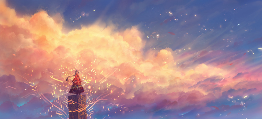 blue_sky braid capelet cloud cloudy_sky commentary_request dress highres light_particles long_hair long_sleeves magic original outdoors pillar red_capelet red_dress sakimori_(hououbds) scenery single_braid sky solo standing very_long_hair