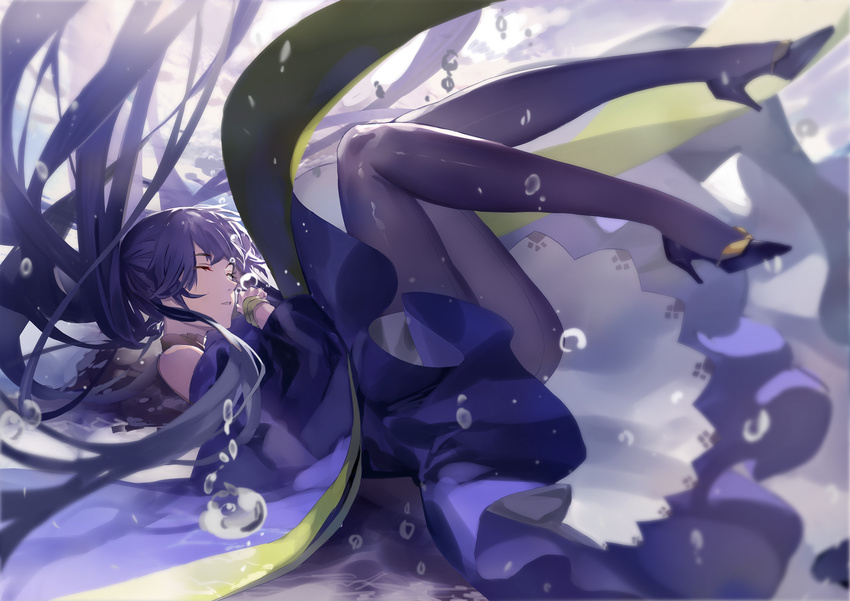 black_legwear blue_hair blue_skirt bubble closed_eyes floating_hair high_heels highres long_hair miyazaki_byou pantyhose parted_lips shinano_(zhan_jian_shao_nyu) skirt solo submerged underwater very_long_hair zhan_jian_shao_nyu