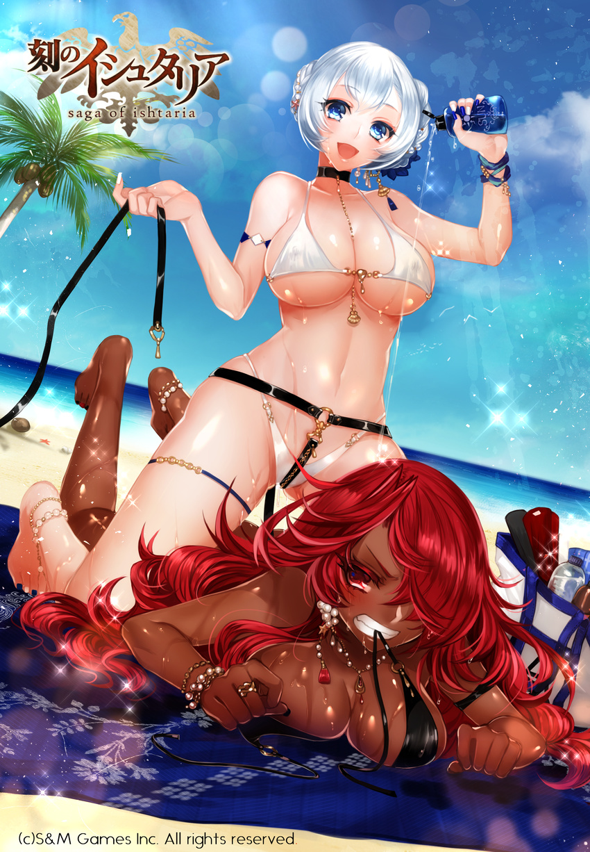:d absurdres age_of_ishtaria apt arthur_(age_of_ishtaria) beach bikini black_bikini blue_eyes blue_sky blush bracelet breasts clenched_teeth coconut_tree commentary_request covered_nipples dark_skin day flower hair_flower hair_ornament hair_over_one_eye highres jewelry large_breasts looking_at_viewer lotion lying mordred_(age_of_ishtaria) mouth_hold multiple_girls navel official_art on_stomach open_mouth outdoors palm_tree pouring red_eyes red_hair silver_hair sky smile stomach sweat swimsuit teeth thighlet tree untied untied_bikini white_bikini