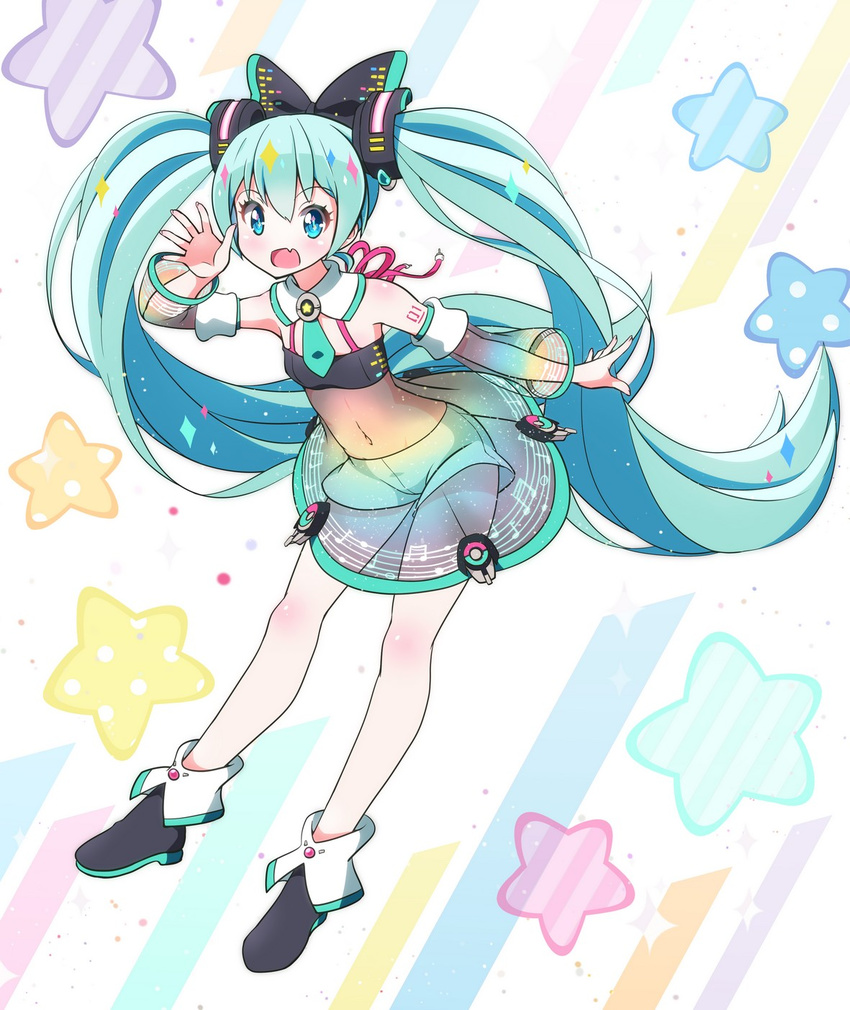 :d ankle_boots aqua_hair aqua_neckwear arm_tattoo arm_up bangs beamed_sixteenth_notes black_bow black_footwear blue_eyes blush boots bow detached_collar detached_sleeves eighth_note eyebrows_visible_through_hair fang flat_chest full_body fuusen_neko hair_bow hatsune_miku high-waist_skirt highres leaning_forward legs_apart long_hair long_sleeves mini_necktie multicolored multicolored_background musical_note musical_note_print navel necktie no_socks open_mouth print_skirt quarter_note see-through shorts shorts_under_skirt skirt smile solo sparkle staff_(music) standing star stomach tareme tattoo very_long_hair vocaloid white_shorts whole_note