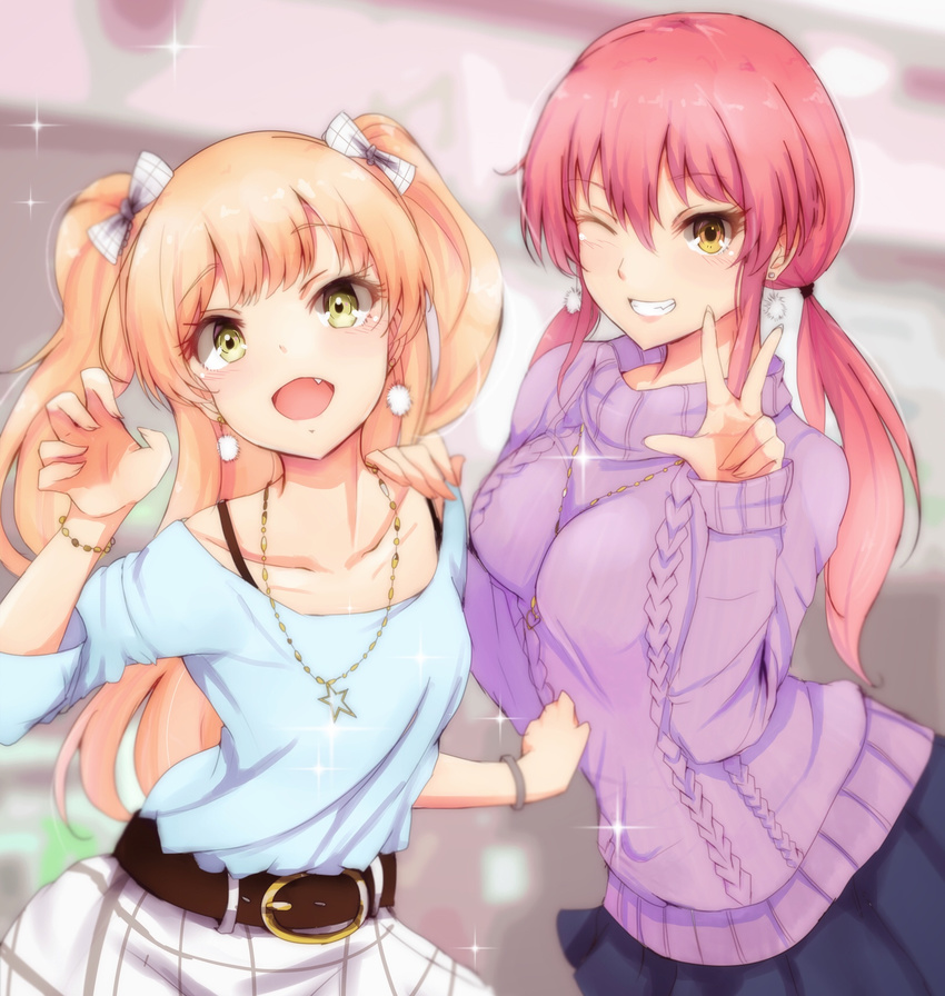 :d alternate_hairstyle aran_sweater bangs belt belt_buckle blonde_hair blue_shirt blue_skirt blurry blurry_background blush bow bracelet buckle casual claw_pose collarbone earrings eyelashes fang grin hair_bow hand_gesture hand_on_another's_shoulder hand_up highres idolmaster idolmaster_cinderella_girls jewelry jougasaki_mika jougasaki_rika long_hair looking_at_viewer low_twintails multiple_girls necklace one_eye_closed open_mouth pink_hair pleated_skirt purple_sweater ryuu. shirt siblings sidelocks sisters skirt smile sparkle sweater twintails two_side_up v white_skirt yellow_eyes