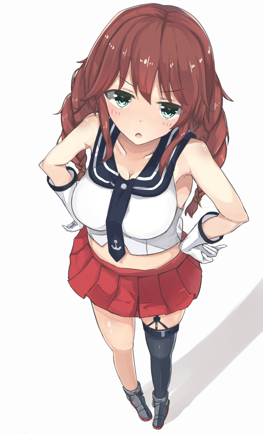 absurdres anchor_symbol arms_at_sides bare_shoulders blush braid breasts brown_hair cleavage collarbone commentary_request eyebrows_visible_through_hair eyes_visible_through_hair garter_straps gloves green_eyes hair_between_eyes highres hoosu_(f-o-c) kantai_collection large_breasts long_hair looking_at_viewer navel noshiro_(kantai_collection) sidelocks simple_background single_thighhigh skirt smile solo thighhighs twin_braids white_background