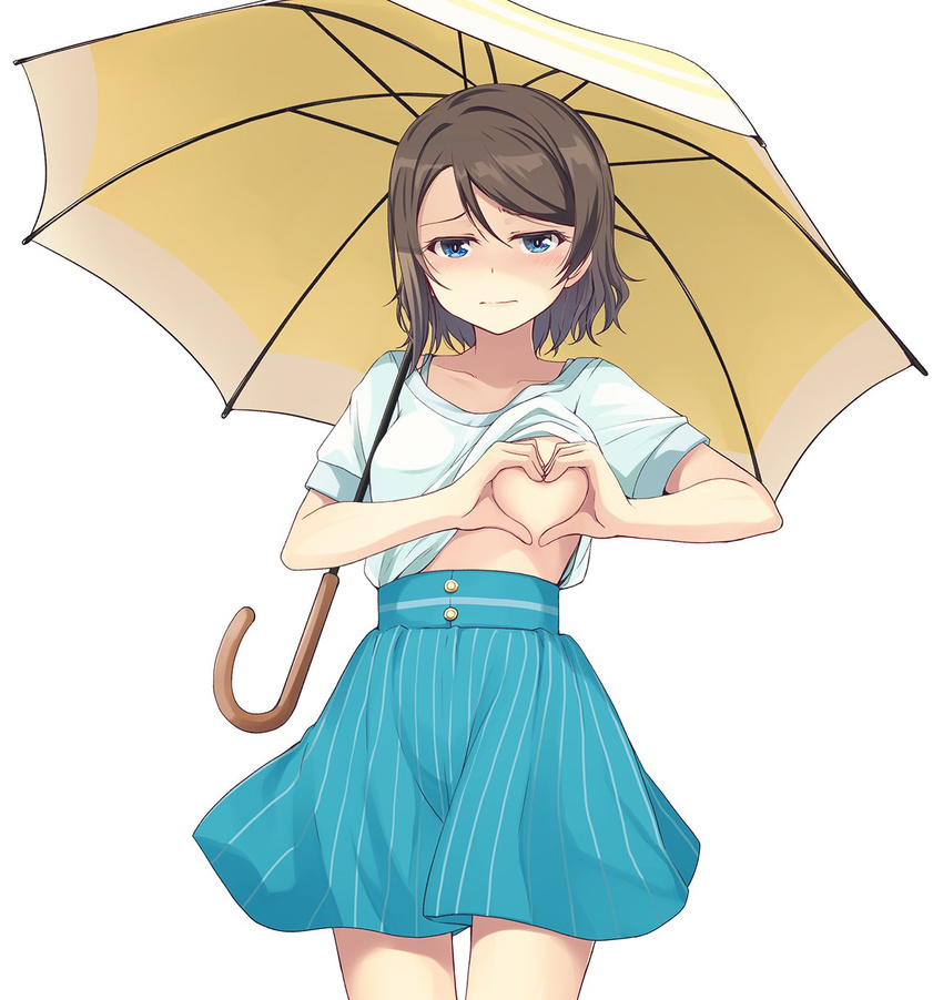 alternate_costume blue_eyes blue_skirt breasts brown_hair commentary_request heart heart-shaped_boob_challenge heart_hands highres holding holding_umbrella looking_at_viewer love_live! love_live!_sunshine!! medium_breasts nanotsuki short_hair simple_background skirt solo umbrella watanabe_you white_background