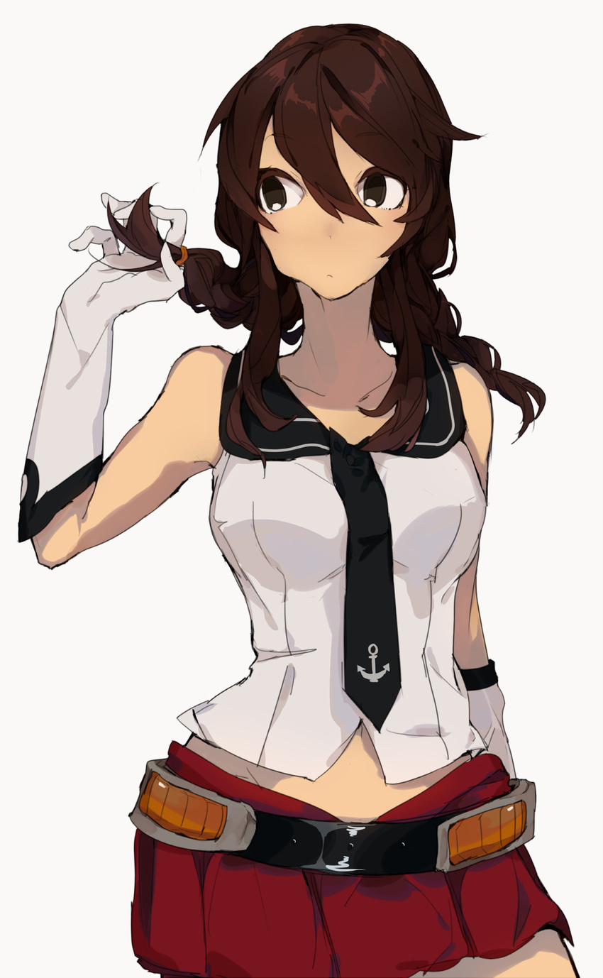 anchor_symbol bare_shoulders black_neckwear braid breasts brown_eyes brown_hair cleavage closed_mouth collarbone commentary eyebrows_visible_through_hair gloves hair_between_eyes hair_ornament hands_on_hips highres kantai_collection large_breasts leaning_forward long_hair looking_at_viewer looking_to_the_side necktie noshiro_(kantai_collection) playing_with_own_hair pleated_skirt raised_eyebrow red_skirt sailor_collar sidelocks skirt solo twin_braids upper_body white_gloves ya_(rgggg)