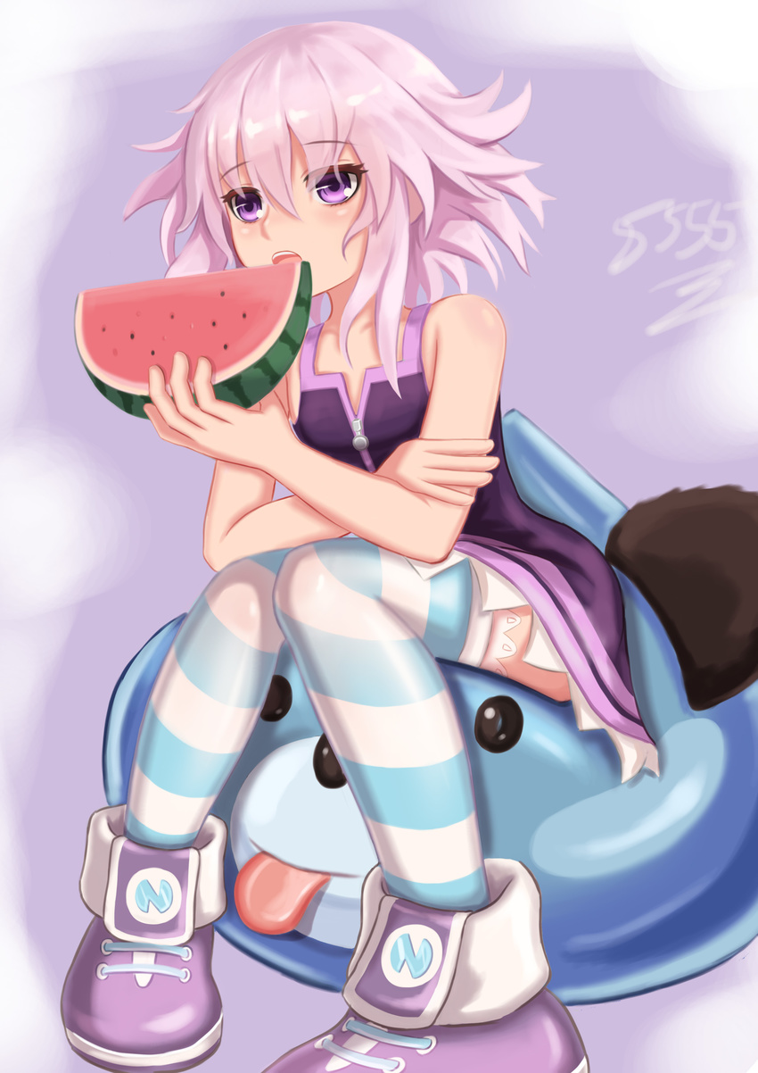 5555_96 absurdres dogoo eating food fruit highres neptune_(choujigen_game_neptune) neptune_(series) pink_hair purple_eyes signature sitting striped striped_legwear thighhighs watermelon