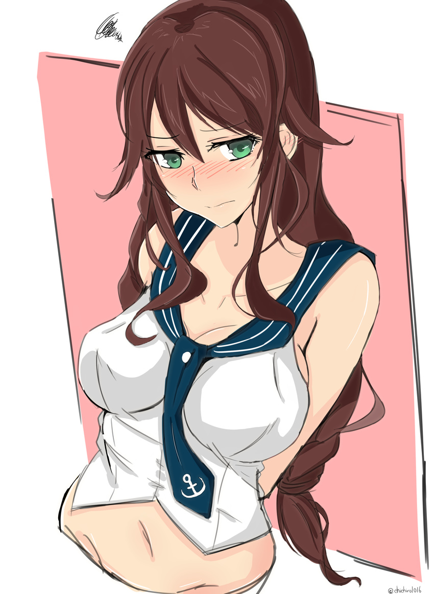 absurdres anchor_symbol arms_behind_head bare_shoulders blush braid breasts brown_hair cleavage collarbone commentary_request eyebrows_visible_through_hair eyes_visible_through_hair garter_straps gloves green_eyes hair_between_eyes highres kantai_collection large_breasts long_hair looking_at_viewer navel noshiro_(kantai_collection) oputon sidelocks simple_background single_thighhigh skirt smile solo thighhighs twin_braids