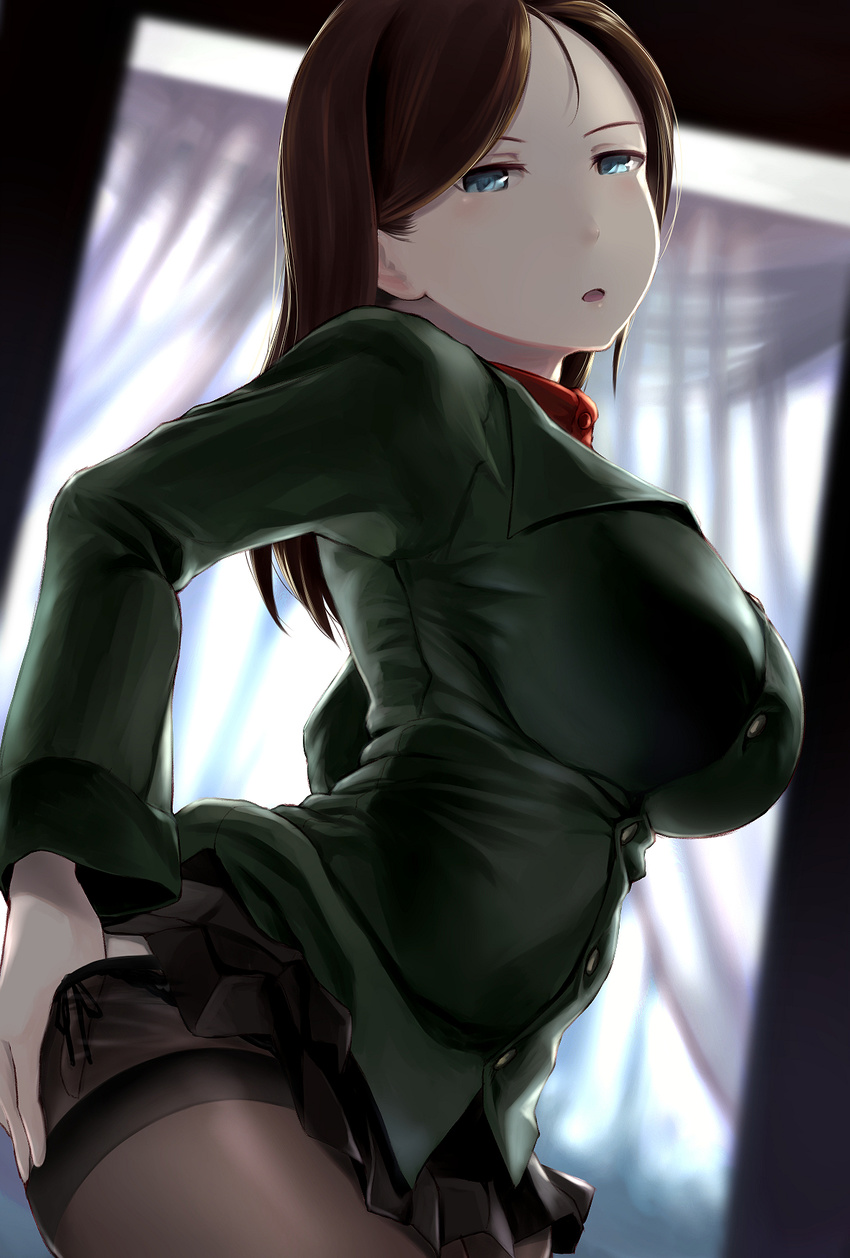 arched_back black_legwear black_panties black_skirt blue_eyes blurry blurry_background breasts brown_hair buttons commentary_request curtains from_side girls_und_panzer highres indoors large_breasts lifted_by_self long_hair long_sleeves looking_at_viewer nonna open_mouth panties panties_under_pantyhose pantyhose pleated_skirt pravda_school_uniform side-tie_panties skirt skirt_lift solo standing strap_pull thighband_pantyhose underwear uniform wa_(genryusui)