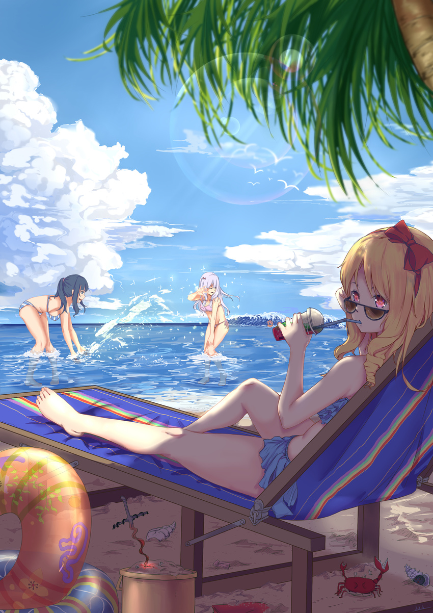 :d absurdres barefoot beach beach_chair bent_over bikini blonde_hair blue_bikini blue_hair blush boat bow breasts bucket commentary_request crab cup curly_hair day disposable_cup drinking drinking_straw eromanga_sensei from_behind hair_bow hair_ribbon highres innertube izumi_sagiri j.xh large_breasts lavender_hair lens_flare long_hair looking_at_another multiple_girls open_mouth outdoors pink_bikini pink_eyes ponytail profile red_bow red_ribbon ribbon sand seashell shell sitting smile sparkle splashing standing striped striped_bikini sunglasses swimsuit takasago_tomoe tree water watercraft waves yamada_elf yellow_innertube