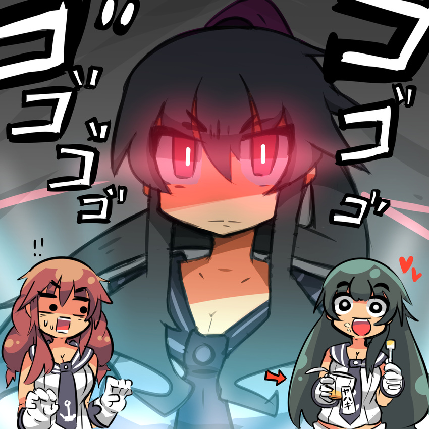 agano_(kantai_collection) arrow bare_shoulders bleuzer blush braid breasts brown_hair cannon cleavage clipboard collarbone expressionless eyebrows_visible_through_hair eyes_visible_through_hair food gloves glowing glowing_eyes green_eyes hair_between_eyes highres kantai_collection large_breasts long_hair looking_at_viewer multiple_girls navel noshiro_(kantai_collection) ponytail pudding red_eyes shaded_face sidelocks skirt smile sweatdrop twin_braids yahagi_(kantai_collection)