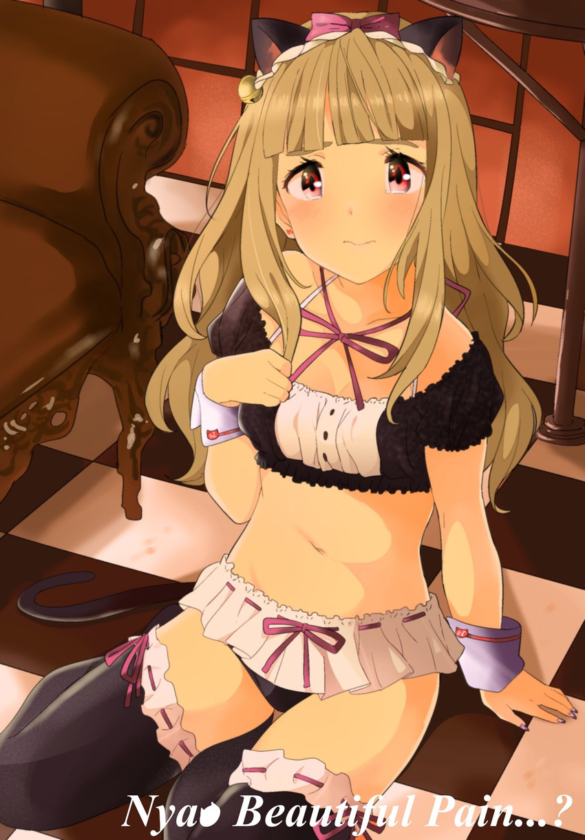 216_zig animal_ears arm_support bangs bare_shoulders bell black_legwear black_panties blunt_bangs blush bow brown_hair cat_ears cat_tail checkered checkered_floor commentary_request couch crop_top eyebrows frilled_legwear frilled_shirt frilled_skirt frills hair_bow hand_on_own_chest headdress highres idolmaster idolmaster_cinderella_girls indoors kamiya_nao long_hair looking_at_viewer minigirl navel neck_ribbon panties red_eyes ribbon shirt sitting skirt solo tail thighs underwear wavy_hair white_skirt wrist_cuffs