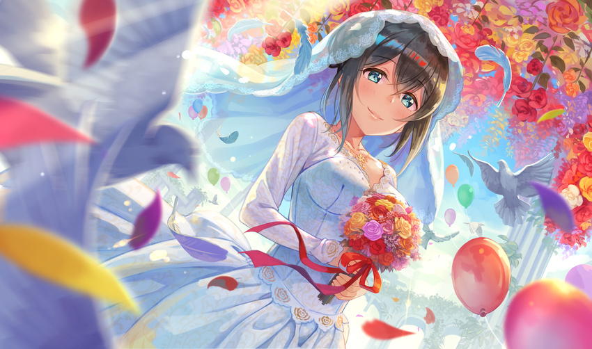 balloon bangs bird black_hair blue_eyes blurry blush bouquet breasts closed_mouth commentary_request day depth_of_field dress dutch_angle eyebrows_visible_through_hair flower hair_between_eyes holding holding_bouquet idolmaster idolmaster_cinderella_girls light_rays long_hair looking_at_viewer medium_breasts outdoors sagisawa_fumika sidelocks smile solo sunbeam sunlight terumii wedding_dress