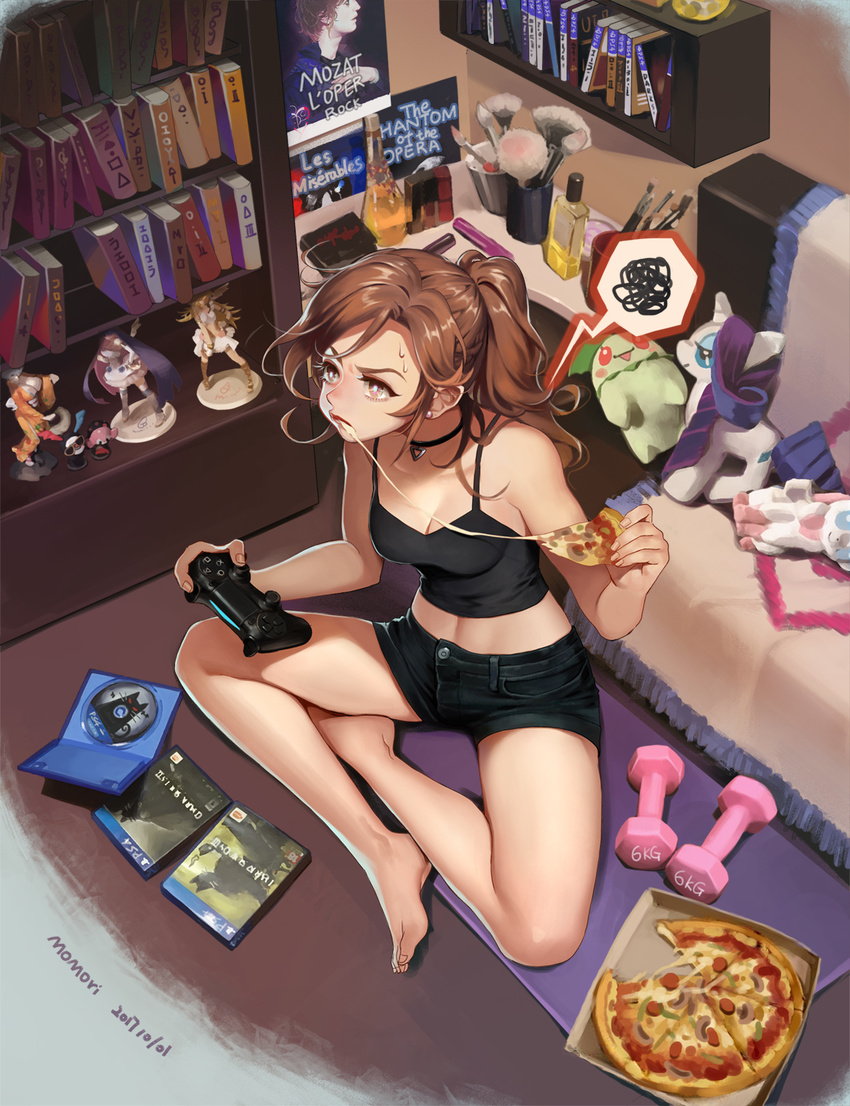 bare_legs bare_shoulders barefoot belly_peek black_choker black_shorts blanket book bookshelf bottle breasts bright_pupils brown_eyes brown_hair camisole cheese_trail chikorita chinese_commentary choker cleavage closed_mouth collarbone commentary_request controller copyright_request cosmetics couch dark_souls dated denim denim_shorts dualshock dumbbell dvd_case earrings eating figure fingernails food from_above game_console game_controller gamepad gen_2_pokemon gen_6_pokemon heart heart_choker highres holding holding_food indian_style indoors jewelry kongiku les_miserables lips lipstick_tube long_hair looking_away mahou_shoujo_madoka_magica makeup_brush mat md5_mismatch medium_breasts midriff momori my_little_pony navel oboro_muramasa on_floor otaku_room paintbrush panty_&amp;_stocking_with_garterbelt panty_(psg) pendant phantom_of_the_opera pizza pizza_box playing_games playstation playstation_4 pokemon ponytail poster_(object) purple_eyes rarity room self-portrait short_shorts shorts sitting solo souls_(from_software) spaghetti_strap speech_bubble spoken_squiggle squiggle stocking_(psg) stud_earrings stuffed_toy sweat sylveon table