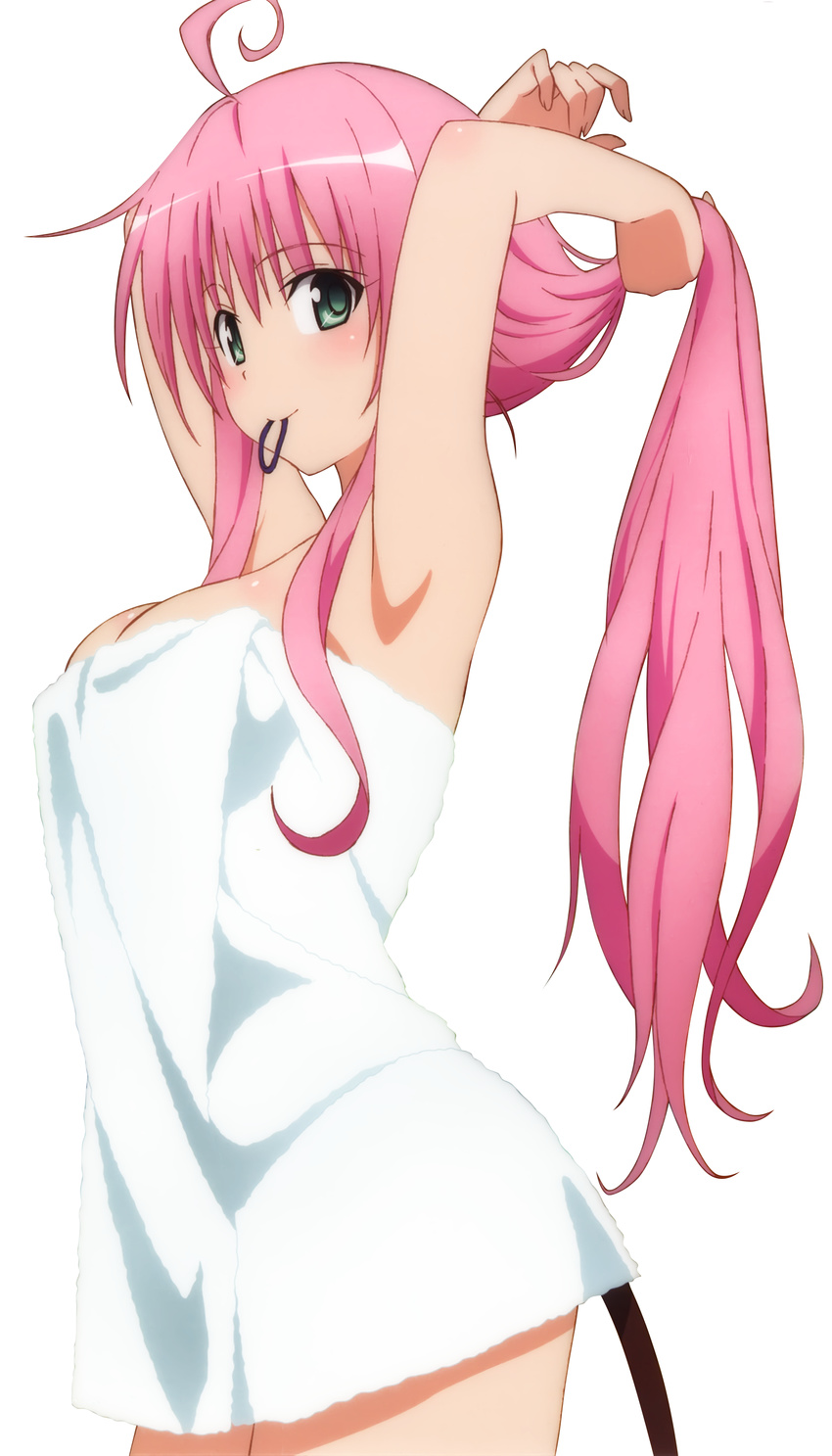 1girl ahoge armpits arms_behind_head arms_up blush breasts cleavage demon_tail extraction female green_eyes lala_satalin_deviluke large_breasts long_hair looking_at_viewer naked_towel pink_hair render smile solo standing tail to_love-ru towel