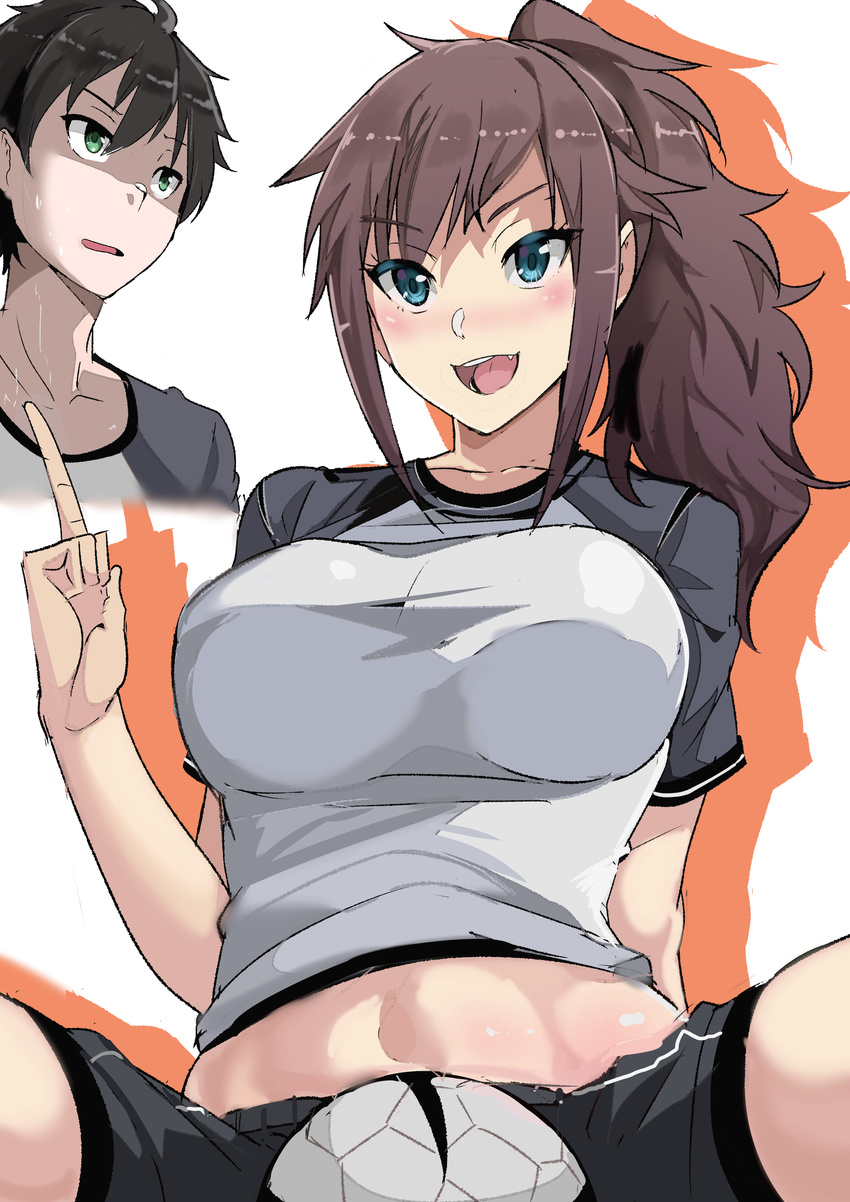 1girl :d absurdres arm_support bad_hands ball black_hair blue_eyes breasts commentary fang highres julioalqae large_breasts long_hair navel open_mouth original short_sleeves shorts sidelocks sitting smile soccer_ball soccer_uniform sportswear spread_legs stomach sweat tsurime wavy_hair