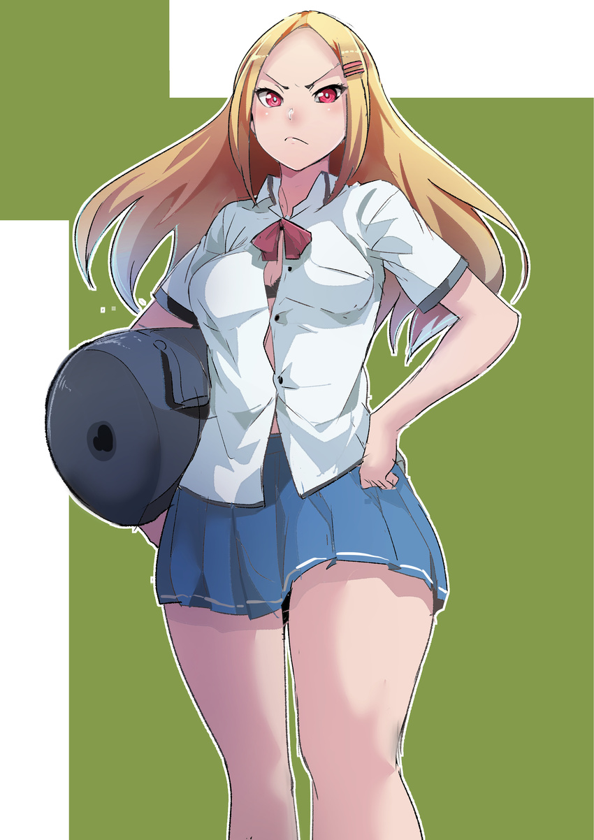 &gt;:( absurdres bag black_bra blonde_hair blue_skirt blush bra bra_peek breasts button_gap closed_mouth commentary cowboy_shot duffel_bag frown highres julioalqae long_hair looking_at_viewer medium_breasts miniskirt original red_eyes school_uniform shirt short_sleeves skirt solo underwear v-shaped_eyebrows white_shirt