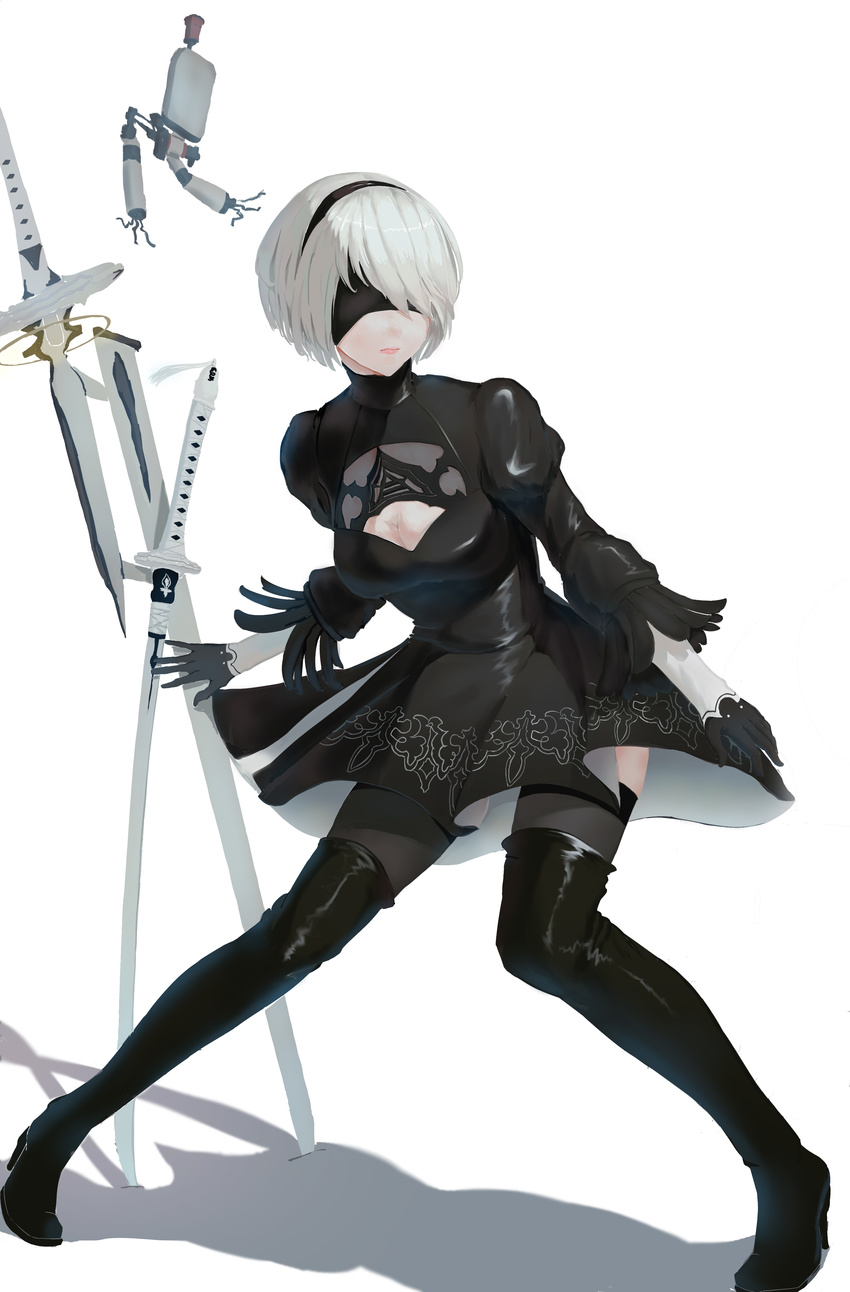 absurdres black_dress black_footwear black_hairband black_legwear blindfold boots breasts cleavage_cutout covered_eyes dress feather-trimmed_sleeves hairband highres ijuun juliet_sleeves katana leotard long_sleeves medium_breasts nier_(series) nier_automata pink_lips pod_(nier_automata) puffy_sleeves sword thighhighs thighhighs_under_boots weapon white_hair white_leotard yorha_no._2_type_b