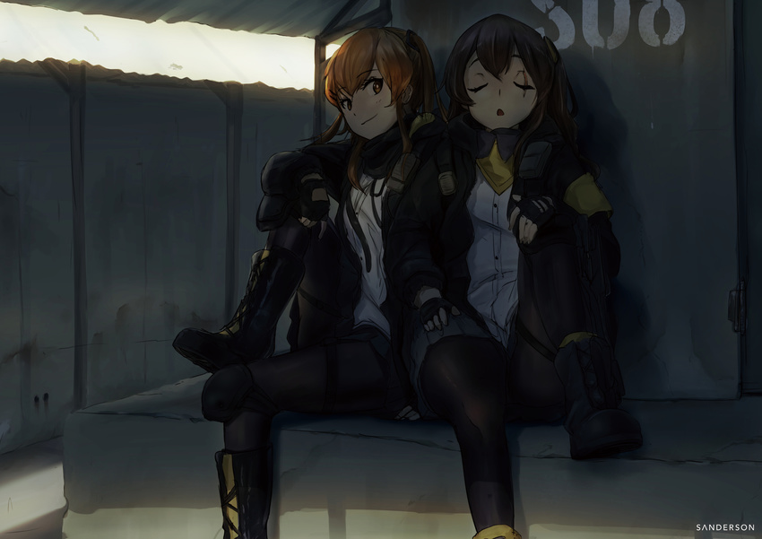 absurdres against_wall armband artist_name black_legwear boots brown_eyes brown_hair closed_eyes fingerless_gloves girls_frontline gloves hair_between_eyes hand_on_own_knee highres leaning_on_person leg_up looking_at_another looking_to_the_side multiple_girls open_mouth pantyhose resting sanderson scar scar_across_eye shade shirt siblings sisters sitting sleeping smile ump45_(girls_frontline) ump9_(girls_frontline) white_shirt