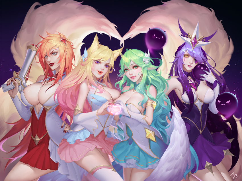 ahri alternate_costume alternate_eye_color alternate_hair_length alternate_hairstyle animal_ears aqua_skirt armlet blonde_hair breasts bridal_gauntlets cleavage dual_wielding elbow_gloves fangs gem gloves green_eyes green_hair grey_eyes gun hair_ornament heart heart_hands heart_hands_duo highres holding horn huge_breasts jz large_breasts league_of_legends lipstick low_neckline makeup medium_breasts multiple_girls nail_polish pink_skirt pointy_ears purple_eyes purple_hair red_hair red_nails sarah_fortune skirt smile soraka star_guardian_ahri star_guardian_miss_fortune star_guardian_soraka star_guardian_syndra syndra thighhighs weapon white_gloves white_legwear wings yellow_eyes zettai_ryouiki