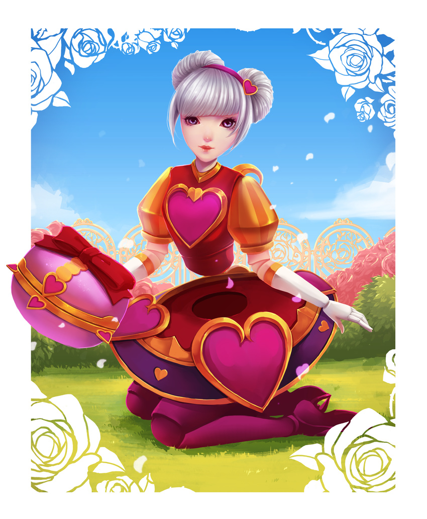 absurdres alternate_costume alternate_hair_color blue_sky bush cloud day doll_joints double_bun full_body grass hairband heartseeker_orianna highres kinnohome kneeling league_of_legends looking_at_viewer orianna_reveck purple_eyes sky solo white_hair