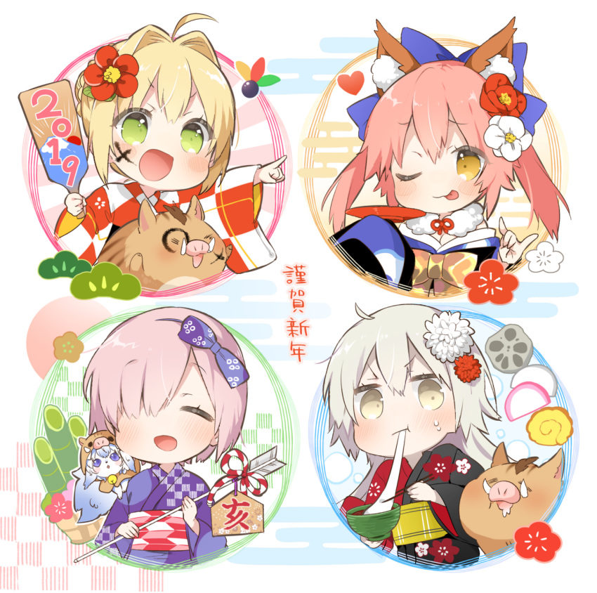 4girls :d ;p ahoge animal_ear_fluff animal_ears arrow bamboo bangs black_kimono blue_bow blue_kimono blush_stickers bow brown_eyes checkered checkered_kimono commentary_request cup egasumi eyebrows_visible_through_hair eyes_closed face_painting facing_viewer fate/extra fate_(series) flower fou_(fate/grand_order) fox_ears fox_shadow_puppet fur_collar hagoita hair_between_eyes hair_bow hair_flower hair_intakes hair_ornament hair_over_one_eye hamaya hanetsuki heart highres holding holding_arrow japanese_clothes jeanne_d'arc_(alter)_(fate) jeanne_d'arc_(fate)_(all) kimono long_sleeves mash_kyrielight multicolored multicolored_clothes multicolored_kimono multiple_girls nero_claudius_(fate) nero_claudius_(fate)_(all) obi one_eye_closed open_mouth outstretched_arm paddle pig_costume pink_hair pointing purple_bow purple_kimono red_flower red_kimono sakazuki sash short_hair silver_hair sino_(sionori) sleeves_past_fingers sleeves_past_wrists smile tamamo_(fate)_(all) tamamo_no_mae_(fate) tongue tongue_out twintails white_flower wide_sleeves
