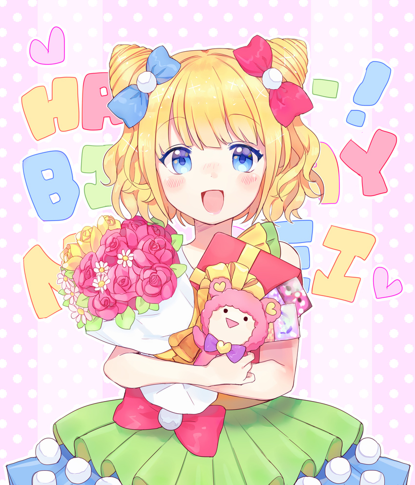 absurdres bad_id bad_pixiv_id blonde_hair blue_bow blue_eyes blush bouquet bow eyebrows_visible_through_hair flower gift hair_bow happy_birthday highres holding holding_bouquet holding_gift holding_stuffed_animal looking_at_viewer minami_mirei ninnin_(choky13) open_mouth pretty_(series) pripara red_bow short_hair short_twintails smile solo stuffed_animal stuffed_toy twintails