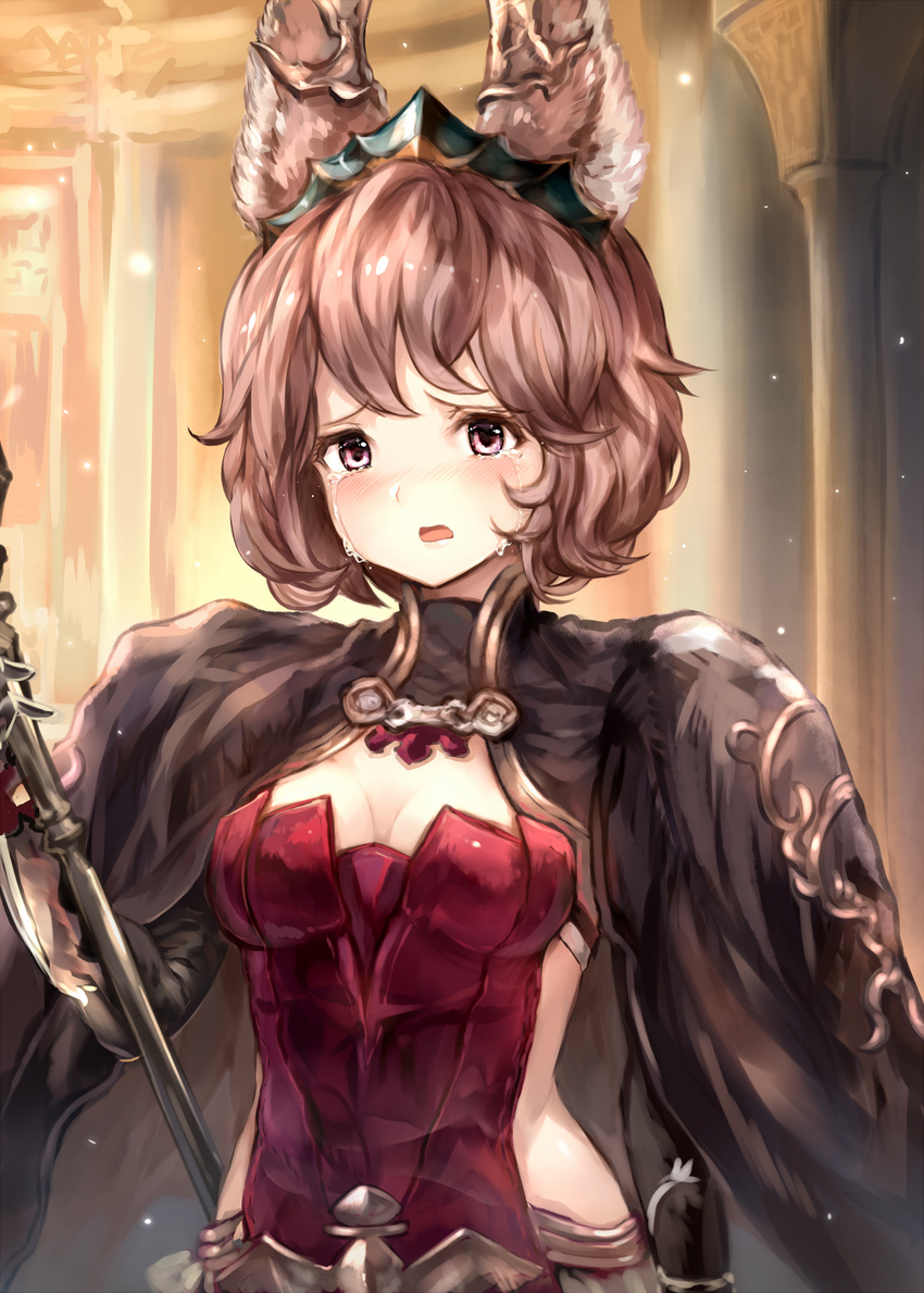animal_ears bad_id bad_pixiv_id blush breasts brown_hair cleavage cloak constance_(granblue_fantasy) crying crying_with_eyes_open erune granblue_fantasy highres looking_at_viewer medium_breasts no_eyewear open_mouth red_eyes solo staff sukemyon tears tiara upper_body