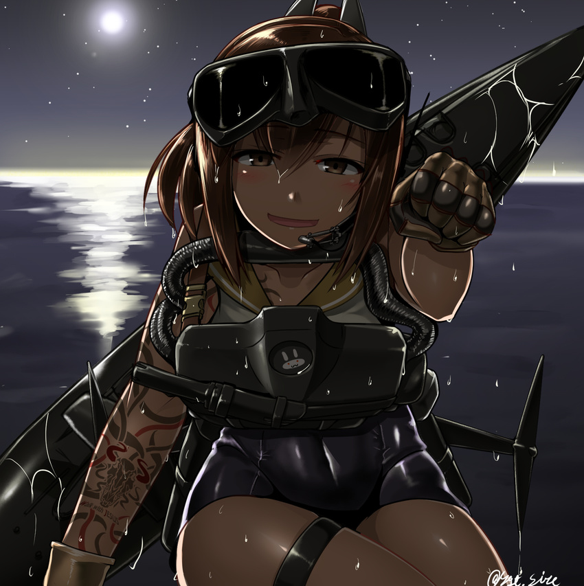 brown_eyes brown_hair commentary_request diving_mask full_moon gloves hair_ornament hairclip highres i-401_(kantai_collection) kantai_collection looking_at_viewer moon night night_sky ocean one-piece_swimsuit outdoors ponytail rebreather sailor_collar saizu_nitou_gunsou school_swimsuit school_uniform scuba scuba_gear serafuku shiny shiny_clothes short_hair short_ponytail sky smile solo star_(sky) starry_sky swimsuit swimsuit_under_clothes tan tattoo twitter_username
