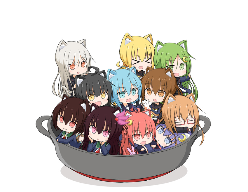 &gt;_&lt; :d animal_ears batsubyou black_cardigan black_hair black_sailor_collar black_serafuku blonde_hair blue_eyes blue_hair blue_serafuku brown_eyes brown_hair bunny_hair_ornament cardigan cat_ears cat_tail closed_eyes commentary crescent crescent_hair_ornament crescent_moon_pin error_musume fumizuki_(kantai_collection) girl_holding_a_cat_(kantai_collection) green_eyes green_hair hair_ornament kantai_collection kemonomimi_mode kikuzuki_(kantai_collection) kisaragi_(kantai_collection) long_hair long_sleeves mikazuki_(kantai_collection) minazuki_(kantai_collection) mochizuki_(kantai_collection) multiple_girls mutsuki_(kantai_collection) nagatsuki_(kantai_collection) neckerchief necktie neko_nabe open_mouth pink_eyes pink_hair purple_eyes purple_hair red_eyes red_neckwear remodel_(kantai_collection) sailor_collar satsuki_(kantai_collection) school_uniform serafuku short_hair simple_background smile tail uzuki_(kantai_collection) white_background white_hair yamato_tachibana yayoi_(kantai_collection) yellow_eyes yellow_neckwear