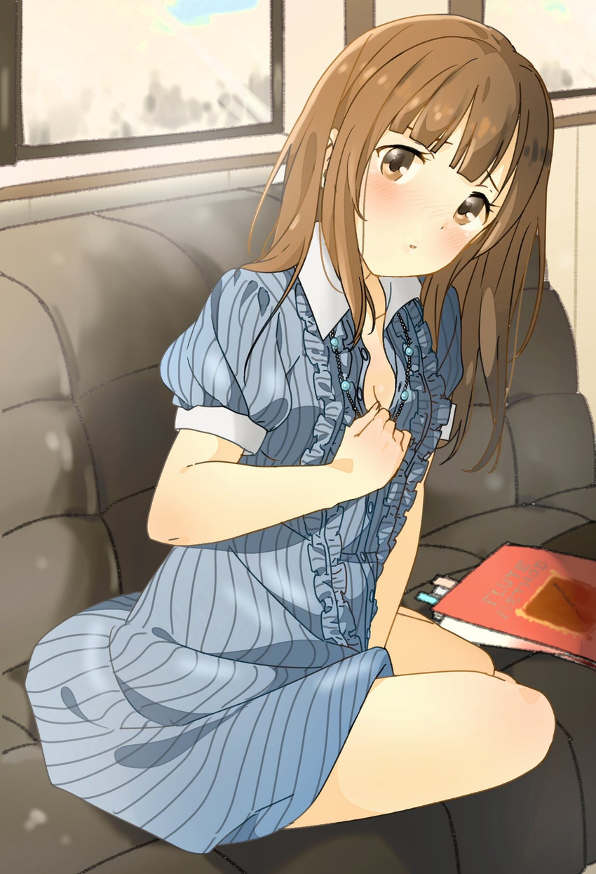 216_zig bangs bead_necklace beads between_legs blue_dress blush breasts brown_eyes brown_hair cleavage commentary_request couch dress frills hand_between_legs hand_on_own_chest head_tilt highres idolmaster idolmaster_cinderella_girls indoors jewelry long_hair mizumoto_yukari necklace notebook on_couch puffy_short_sleeves puffy_sleeves short_sleeves sitting small_breasts solo thighs