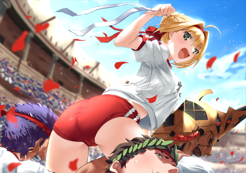 3boys :d aestus_estus ahoge ass bangs black_sclera blonde_hair blue_sky blurry breasts brown_hair buruma caligula_(fate/grand_order) carrying clenched_hand colosseum commentary_request crown day depth_of_field earrings eyebrows_visible_through_hair fate/grand_order fate_(series) from_behind green_eyes gym_shirt gym_uniform hair_between_eyes hair_intakes hairband holding jewelry julius_caesar_(fate/grand_order) laurel_crown leaning_forward legs_apart looking_at_viewer looking_back medium_breasts multiple_boys name_tag nero_claudius_(fate) nero_claudius_(fate)_(all) olympian_bloomers open_mouth outdoors petals piggyback purple_hair red_buruma red_eyes red_hairband romulus_(fate/grand_order) rose_petals round_teeth shirt short_sleeves sky smile solo_focus stadium straddling sweat t-shirt teeth thighs tsuuhan v-shaped_eyebrows white_shirt