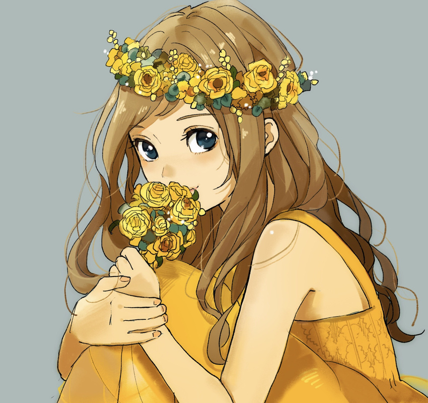 bare_arms bare_shoulders blue_background blue_eyes blush bouquet brown_hair dress flower from_side head_wreath highres holding holding_bouquet long_hair original sako_(user_ndpz5754) simple_background sitting smile wreath yellow_dress