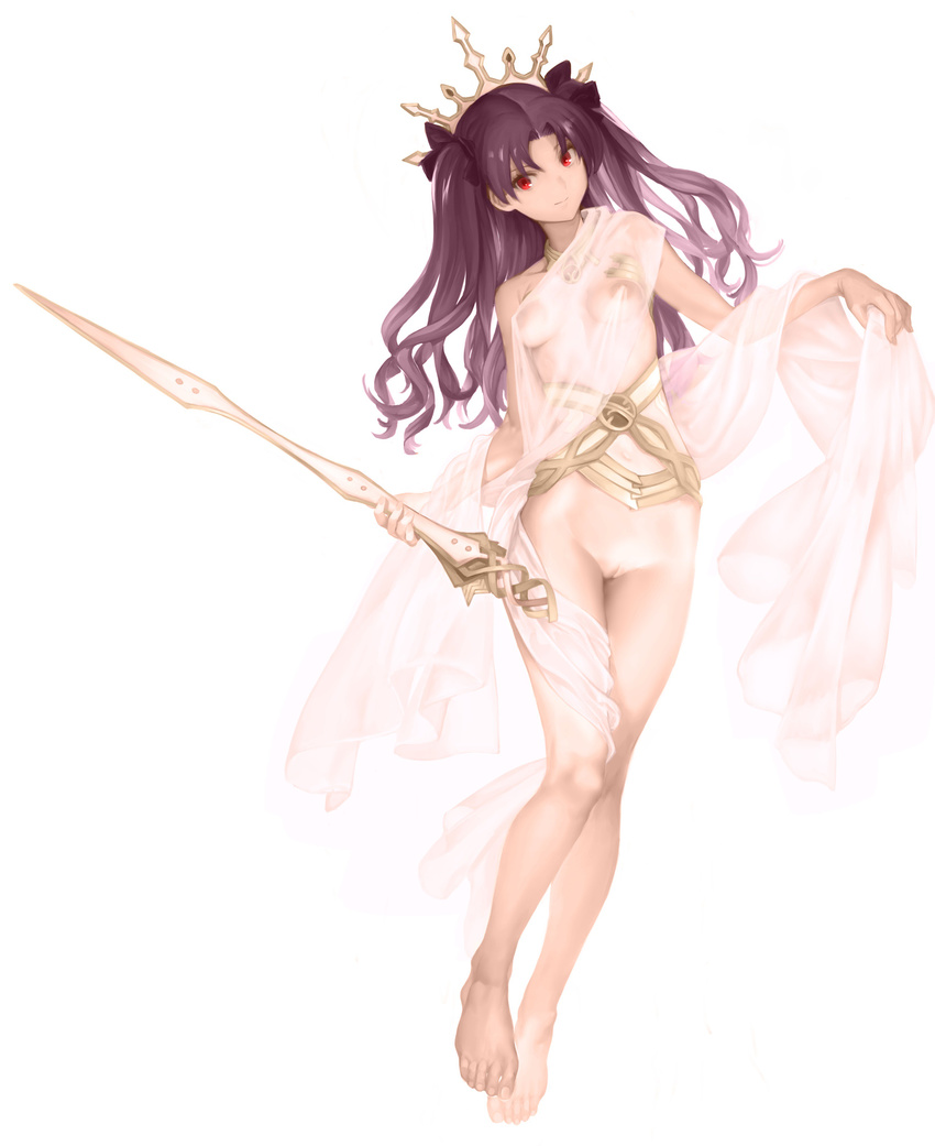 absurdres bangs barefoot breasts breasts_apart closed_mouth collar crown daftbonkers fate/grand_order fate_(series) full_body highres holding holding_sword holding_weapon ishtar_(fate/grand_order) jewelry light_smile long_hair long_legs looking_at_viewer navel no_panties purple_hair pussy red_eyes see-through simple_background single_bare_shoulder skirt_hold small_breasts smile solo standing sword toga two_side_up weapon white_background