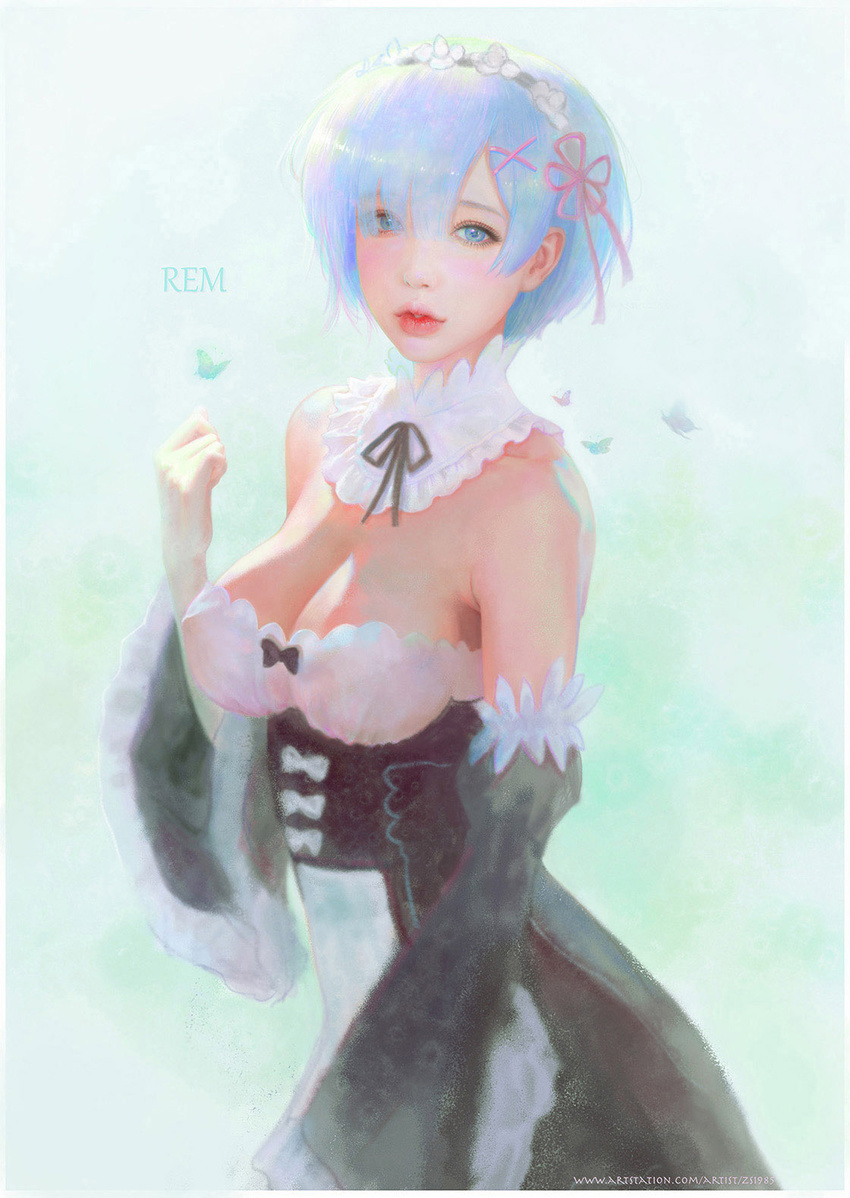 arm_up artist_name artstation_username bangs black_bow black_dress black_ribbon blue_eyes blue_hair blush bow breasts bug butterfly character_name commentary_request detached_collar detached_sleeves dress eyelashes frills hair_ornament hair_over_one_eye hair_ribbon highres insect large_breasts lips long_sleeves looking_at_viewer maid maid_headdress md5_mismatch neck_ribbon nose parted_lips pink_hair pink_ribbon puffy_lips re:zero_kara_hajimeru_isekai_seikatsu red_lips rem_(re:zero) ribbon ruoxin_zhang short_hair solo watermark web_address white_collar wide_sleeves x_hair_ornament