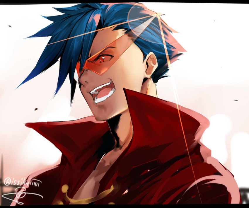 :d artist_name asymmetrical_bangs bangs blue_hair isshiki_(ffmania7) jacket kamina kamina_shades lens_flare letterboxed male_focus open_clothes open_jacket open_mouth red_eyes red_jacket signature smile solo sunglasses teeth tengen_toppa_gurren_lagann twitter_username v-shaped_eyebrows