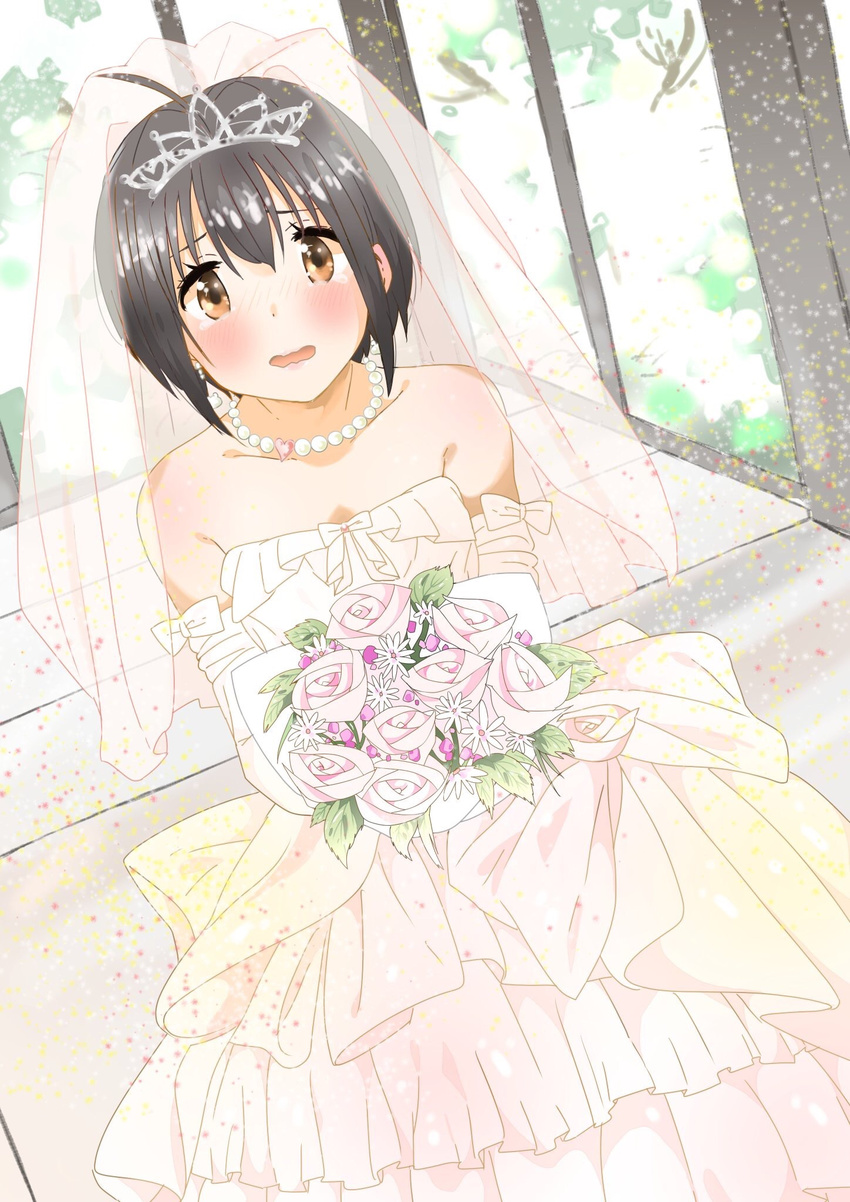 216_zig ahoge bangs bare_shoulders black_hair blush bouquet bow bridal_veil brown_eyes collarbone commentary_request dress earrings elbow_gloves flower gloves heart highres idolmaster idolmaster_cinderella_girls jewelry kohinata_miho looking_at_viewer necklace open_mouth pearl_necklace short_hair solo tearing_up tiara veil wavy_mouth wedding_dress white_gloves